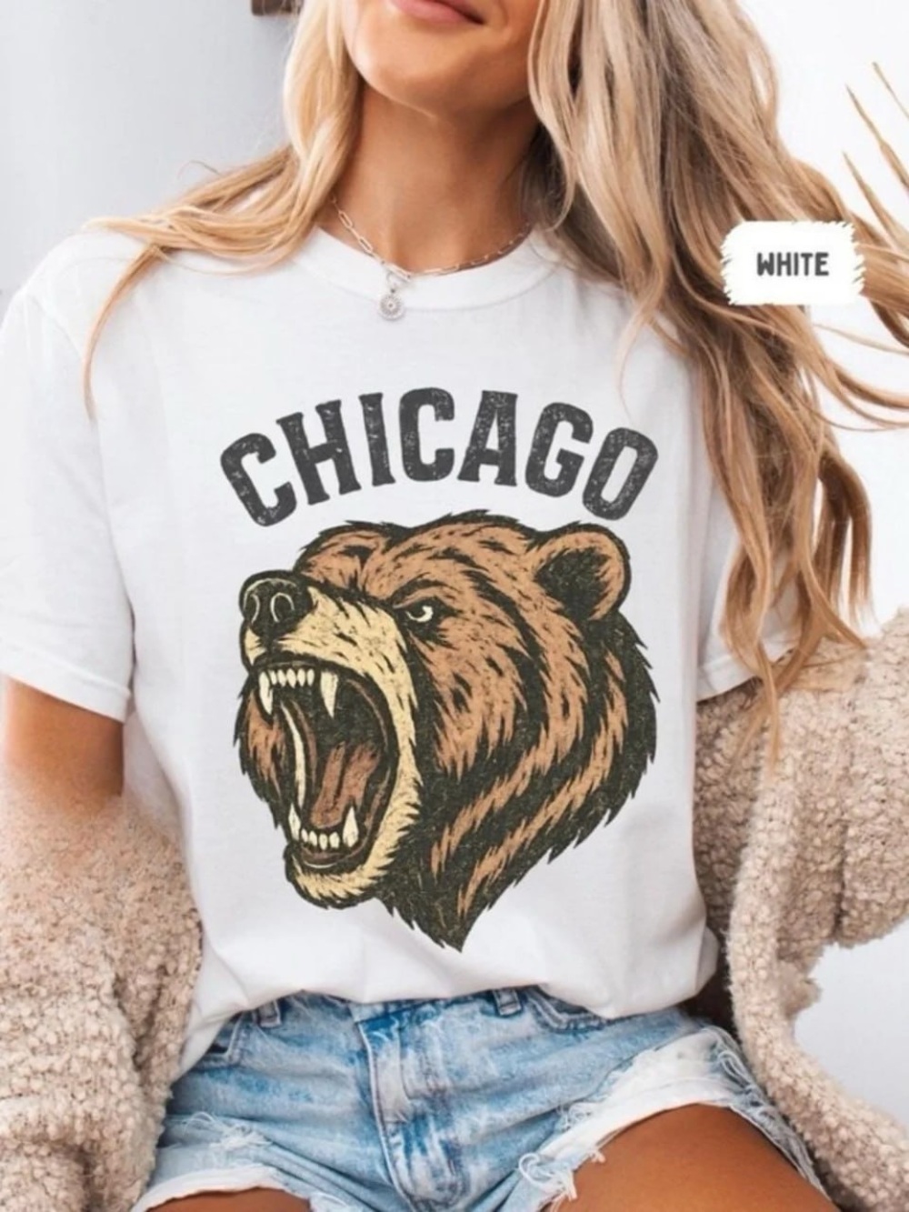 White Tee with Chicago Roaring Bear Graphic
